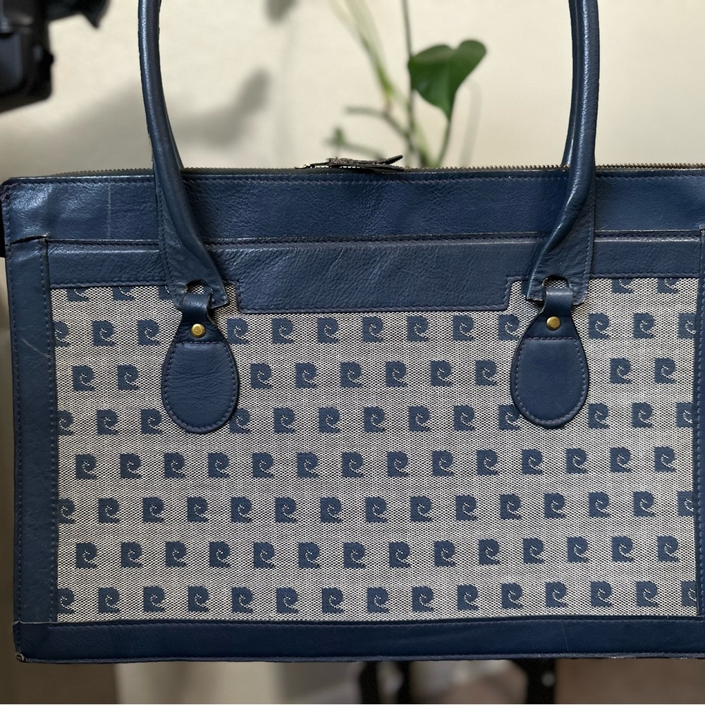 Pierre Cardin Vintage Blue Navy Cowhide and Canvas Monogram Tote Bag